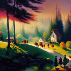 Colorful landscape with stylized trees, sunlight, houses, and people by river.