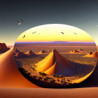 Circular desert panorama: sand dunes, sparse vegetation, birds in golden hour