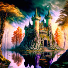 Enchanted castle towers in mysterious forest by serene lake