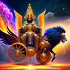 Majestic figure in ornate armor on golden chariot pulled by winged lion under dramatic sky
