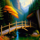 Tranquil landscape: wooden bridge over stream, lush trees, mystical glow, mountains.