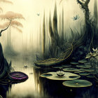 Misty swamp with jellyfish-like creatures and lotus flowers in monochrome palette