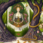 Mystical artwork of woman with halo, snake, and flora