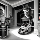 Curious cats watch robotic vacuum cleaners in modern home.