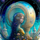 Woman's profile in ornate golden circle with fantasy elements