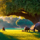 Stylized animated scene with hippos under a sunny tree