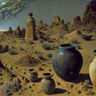 Surreal landscape with decorated pottery, undulating hills, and exotic plant-like structures