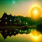 Traditional building and sunset reflecting on water under starry sky