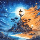 Starry sky over lighthouse on tree-covered hill