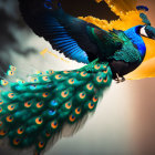 Colorful peacock mid-flight with blue and gold plumage and iridescent eye-like tail feathers