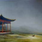 Orange fox in misty meadow with red and blue pavilion