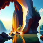 Tranquil lake scene in sunlit cave with lush trees and cliffs