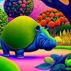 Colorful Hippopotamus Illustration in Psychedelic Neon Landscape