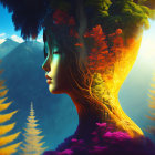 Composite artwork: Woman's profile merges with forest and sunset