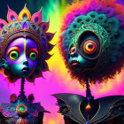 Vibrant celestial beings with intricate headdresses in cosmic artwork