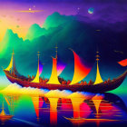 Colorful Boats with Vivid Sails on Reflective Water Surface at Sunset