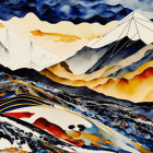 Abstract mountain landscape painting with cool and warm tones and crescent moon.