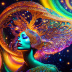 Colorful digital artwork: Woman with cosmic headdress in galaxy swirl.