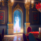 Ethereal figure in blue at grand ornate doorway in luxurious room