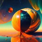 Surreal Landscape with Orange Structure and Planets