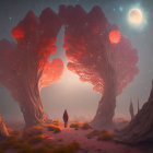 Surreal landscape with red coral-like trees under starry sky