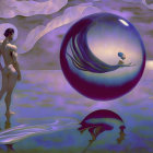 Surreal artwork: figure with staff, orb, landscape, water, vapor