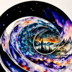 Abstract cosmic painting with spiraling forms and mystical landscape