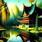 Colorful digital artwork of Eastern landscape with pavilions, waters, and rock formations