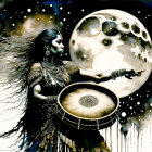 Elaborately adorned female figure playing drum under cosmic sky