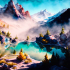 Tranquil mountain landscape with mist, pine trees, turquoise lake, snow-capped peak