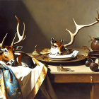 Surreal painting: Elegant dining table with deer and calf heads, bird present