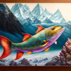 Colorful Flying Fish Over Rocky Landscape with Observer and Mountains