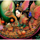 Traditional Chinese Attire Illustration with Dragon Decorations and Lantern