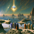 Robed figures admire alien landscape with rock formations and cosmic event