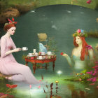 Three ethereal women in lush pond with birds and fish - serene fairy-tale scene