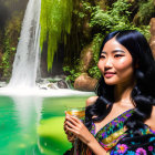 Smiling woman with drink in tropical waterfall setting