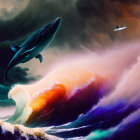 Whale flying above colorful clouds with bird under stormy sky