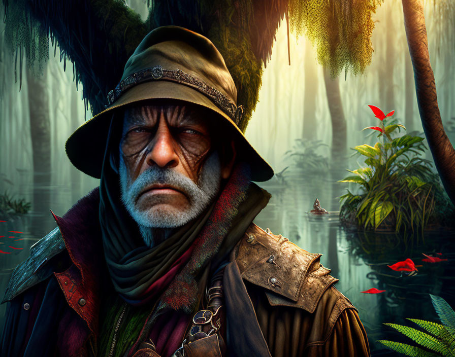 Elderly man in hat contemplates misty swamp with vivid colors