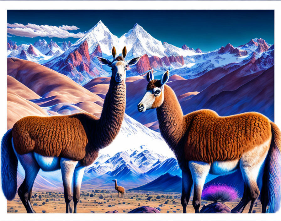 Scenic snow-capped mountains with llamas in foreground