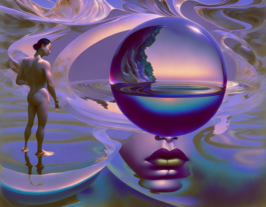 Surreal artwork: figure with staff, orb, landscape, water, vapor