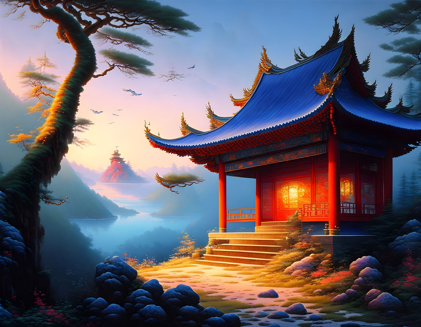 Traditional Red Asian Pavilion Amid Mountains at Dusk