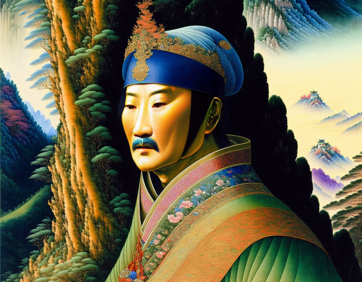 Historical figure in traditional East Asian attire against mountain backdrop