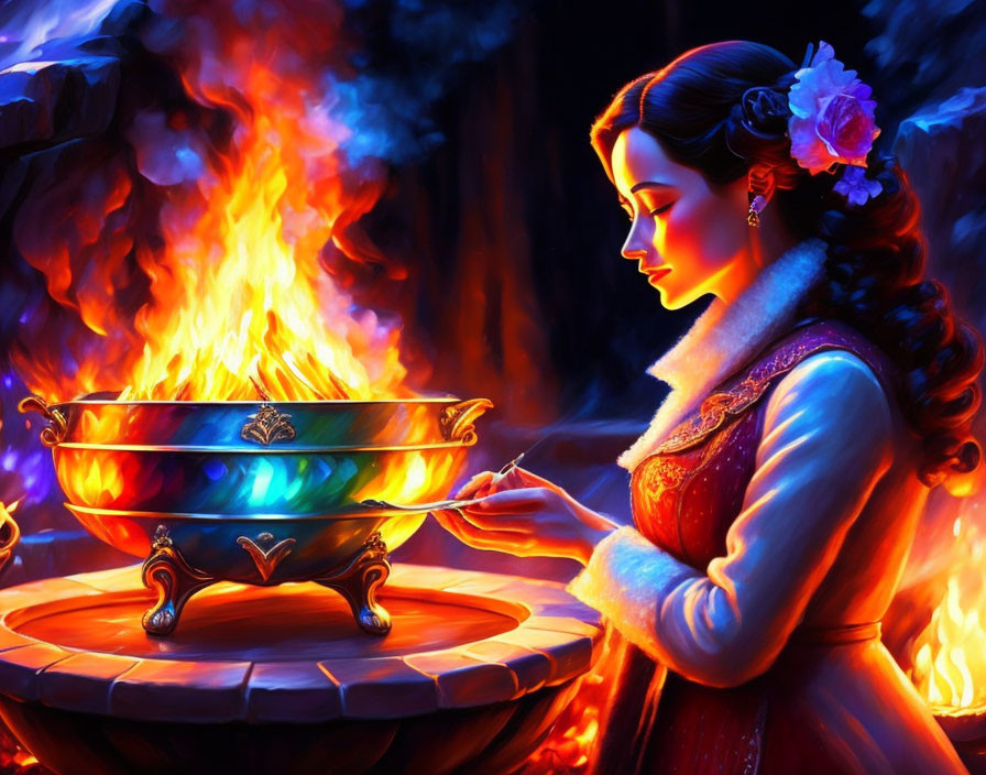 Woman stirring cauldron by fire with flower in hair