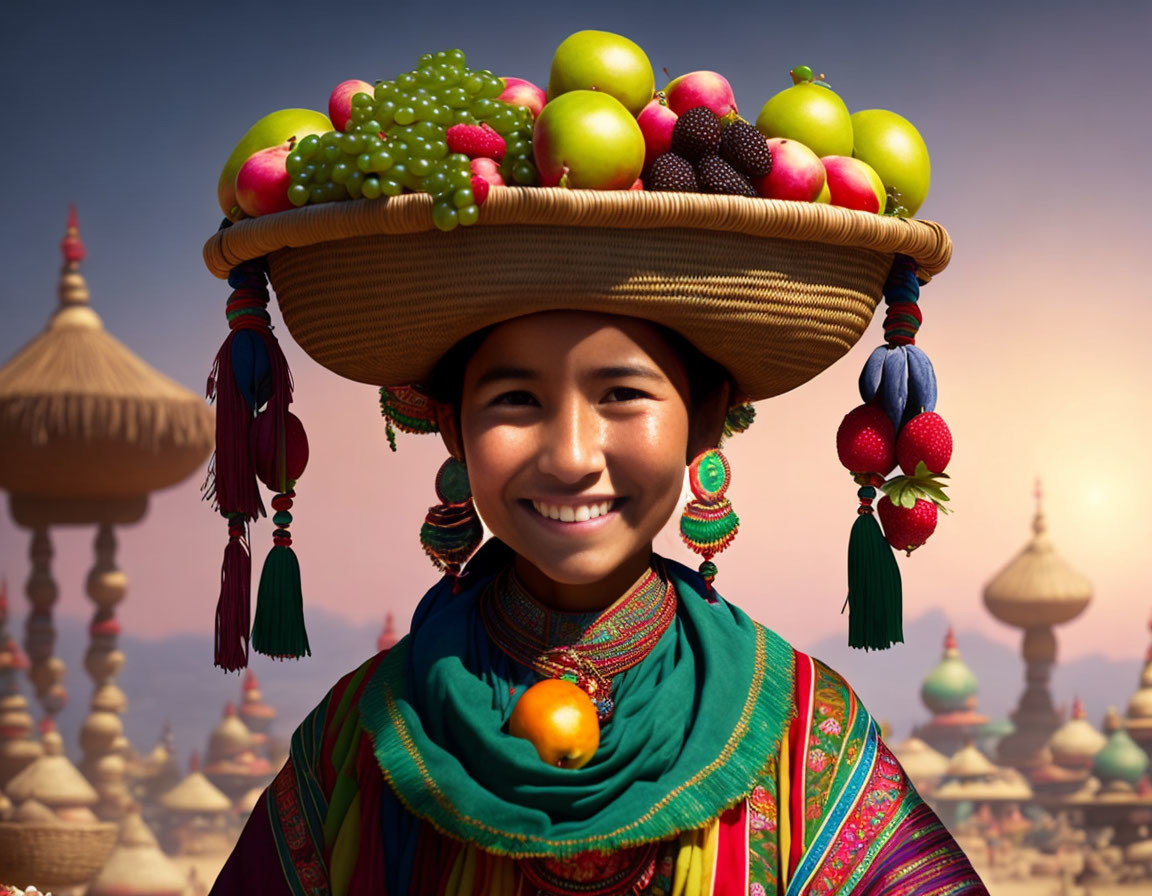 Person in traditional attire smiles with fruit hat, ornate buildings in background