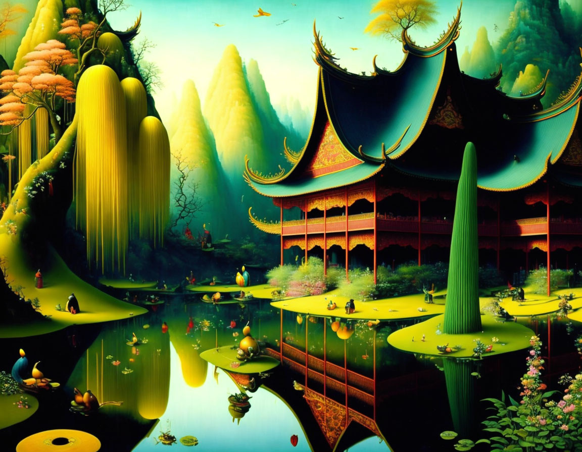 Colorful digital artwork of Eastern landscape with pavilions, waters, and rock formations