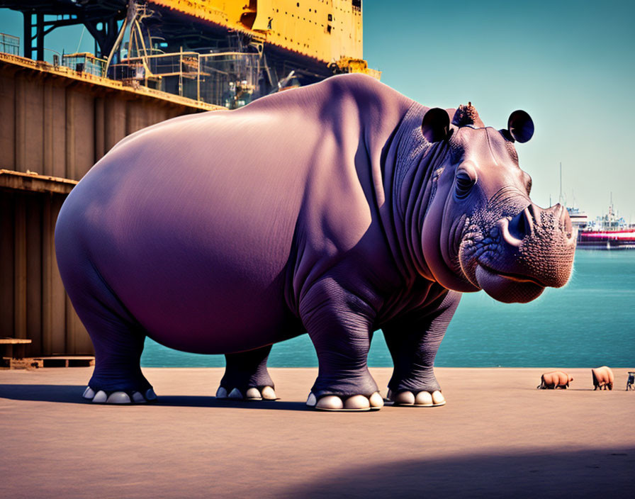 Stylized large hippopotamus in bustling port scene