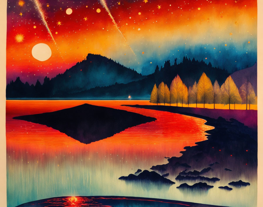 Night Sky Artwork: Stars, Meteor Shower, Lake, Trees, Mountains