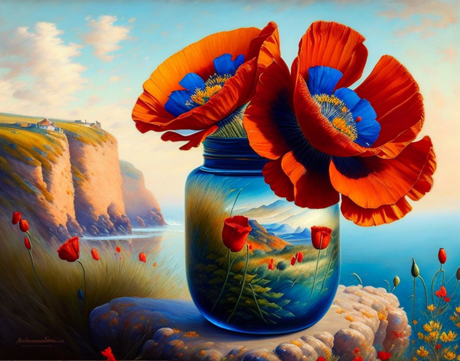 Colorful painting of red poppies in blue vase against cliffs, sea, and sky