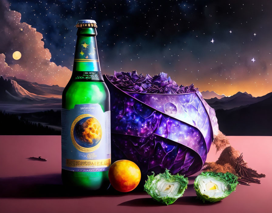 Cosmic-themed still life with space-patterned cabbage, beer bottle, fruits, and mountain landscape