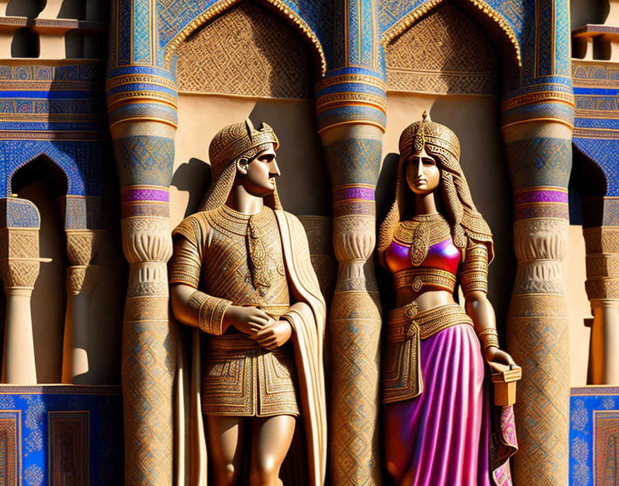 Stylized ancient Egyptian royalty figures with ornate columns